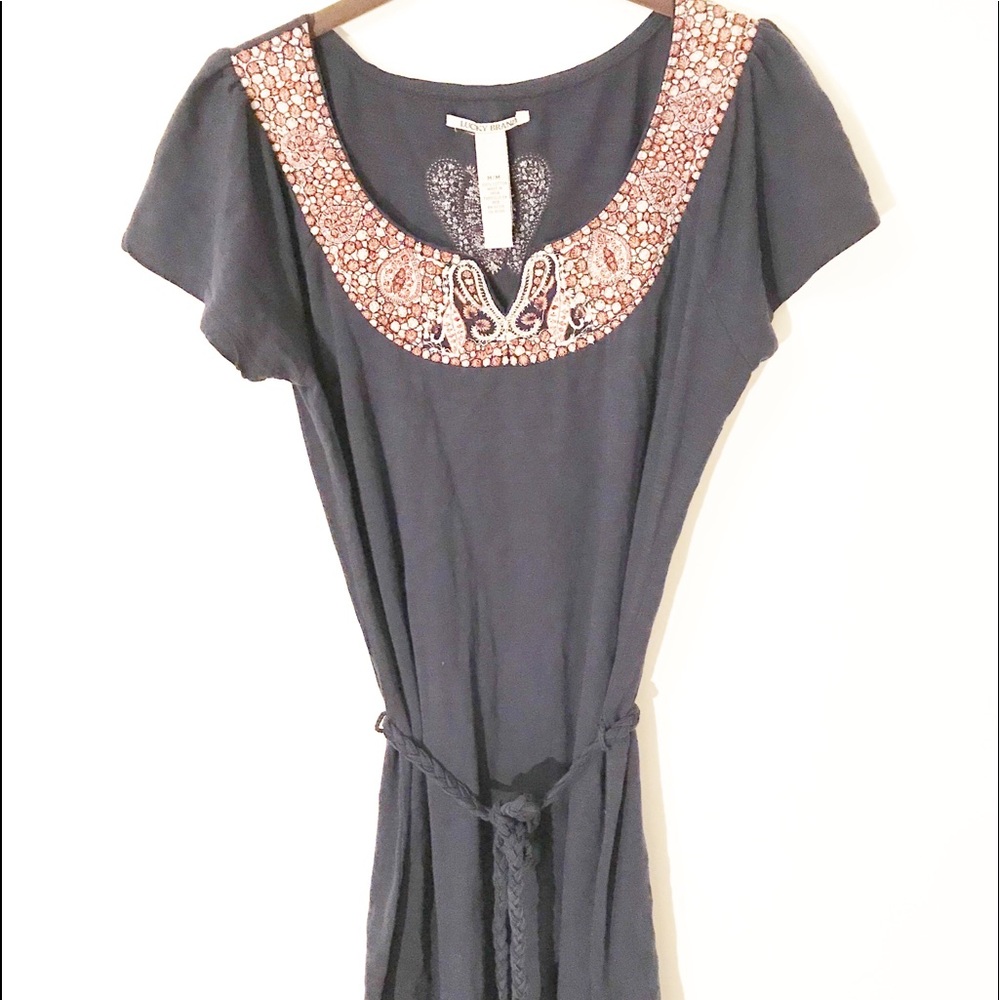 Lucky brand medium embroidered navy dress A20